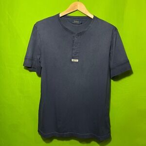 Large Polo Ralph Lauren Men Henley Shirt Navy Blue Short Sleeve Button Up